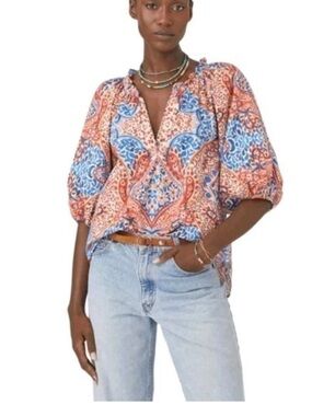 Xirena Jules Terra Mosaic Puff Sleeve Popover Top Blouse